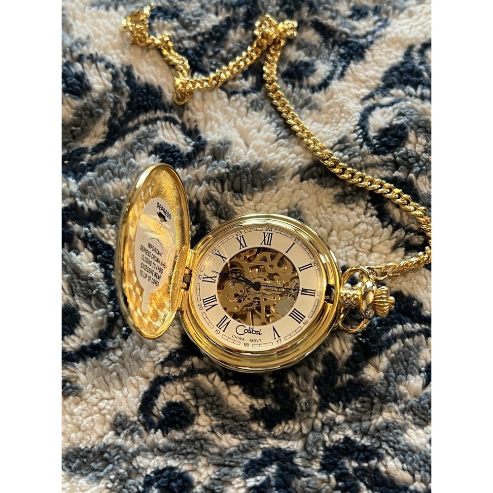 Colibri London Quartz Pocket Watch Gold Tone Roman Numerals Day Date Vtg W Box - Picture 8 of 9